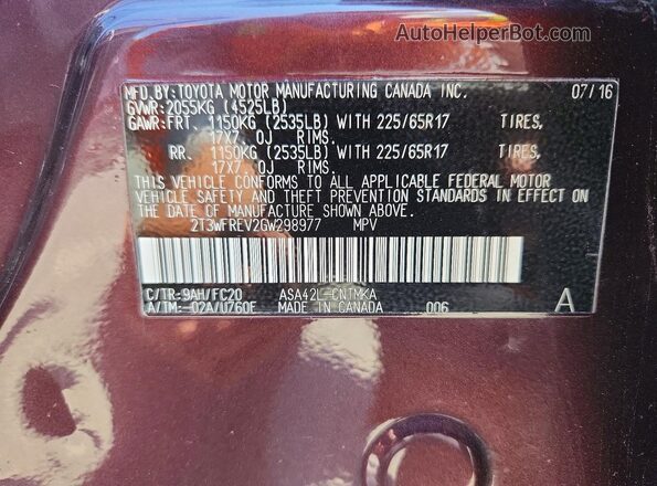 2T3WFREV2GW298977 2016 TOYOTA RAV4 Burgundy Widok naklejki z numerem VIN