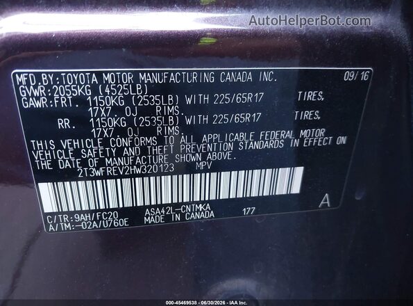 2T3WFREV2HW320123 2017 TOYOTA RAV4 Фиолетовый Вид подкапотного пространства