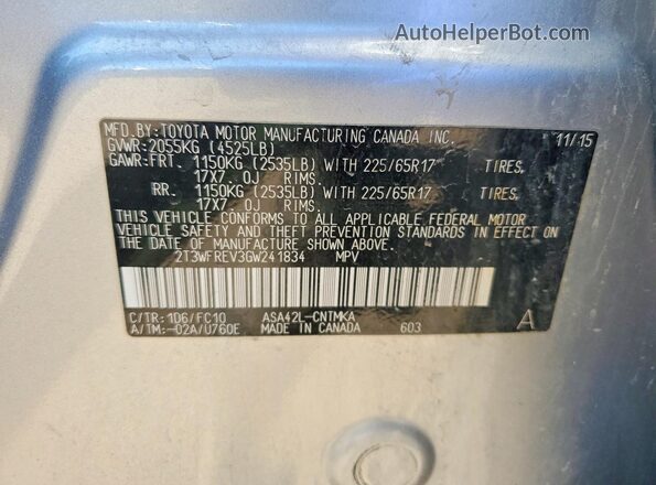 2T3WFREV3GW241834 2016 TOYOTA RAV4 Silver Widok naklejki z numerem VIN