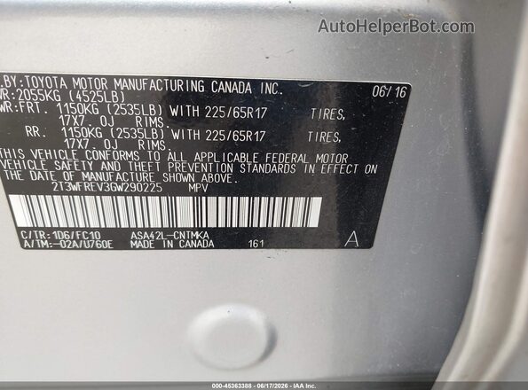 2T3WFREV3GW290225 2016 TOYOTA RAV4 Silver Շարժիչի բաժամունքի տեսք
