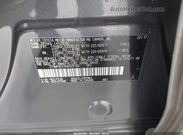 2T3WFREV3HW355186 2017 TOYOTA RAV4 Gray Vista del compartimento del motor