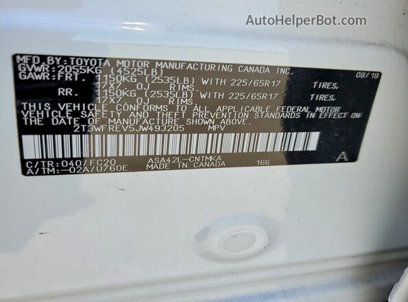 2T3WFREV5JW493205 2018 TOYOTA RAV4 White 