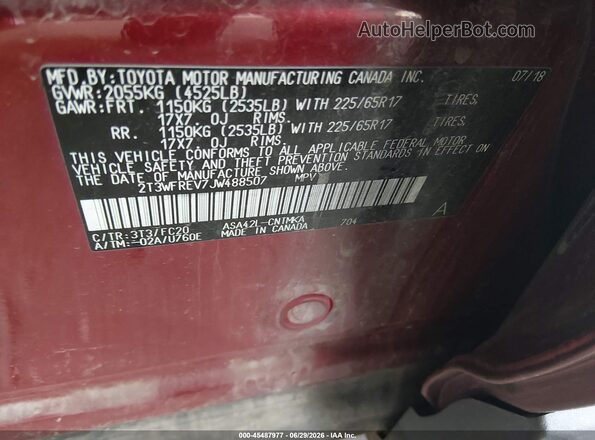 2T3WFREV7JW488507 2018 TOYOTA RAV4 Red Շարժիչի բաժամունքի տեսք