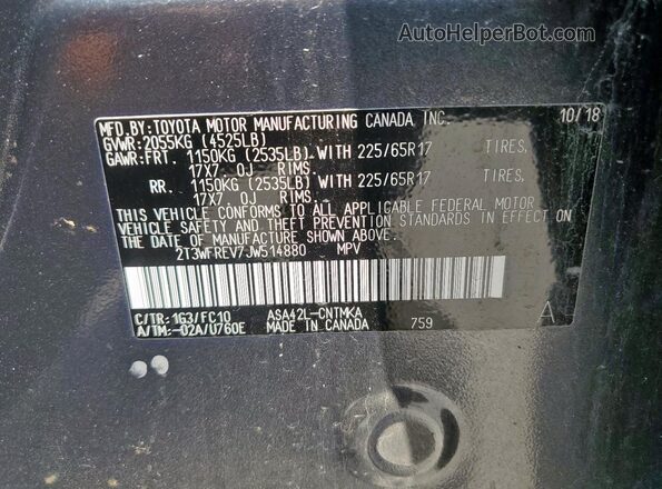 2T3WFREV7JW514880 2018 TOYOTA RAV4 Charcoal Widok naklejki z numerem VIN