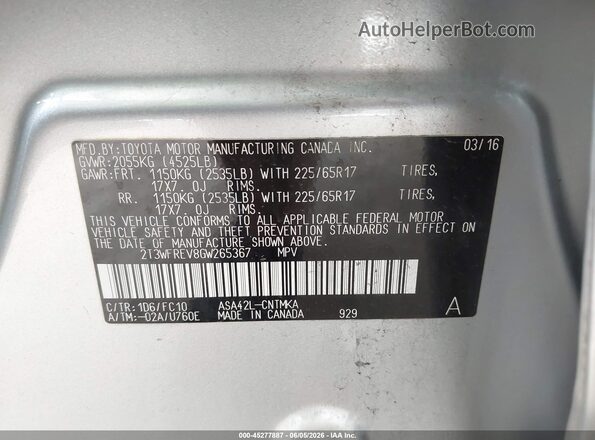 2T3WFREV8GW265367 2016 TOYOTA RAV4 Silver Engine compartment view