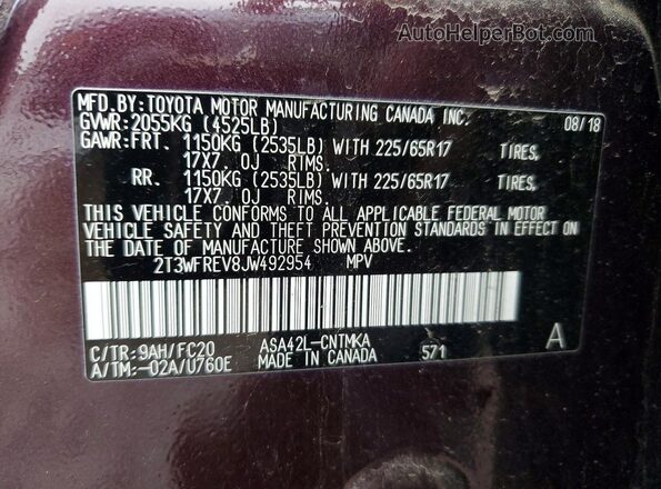 2T3WFREV8JW492954 2018 TOYOTA RAV4 Purple Widok naklejki z numerem VIN