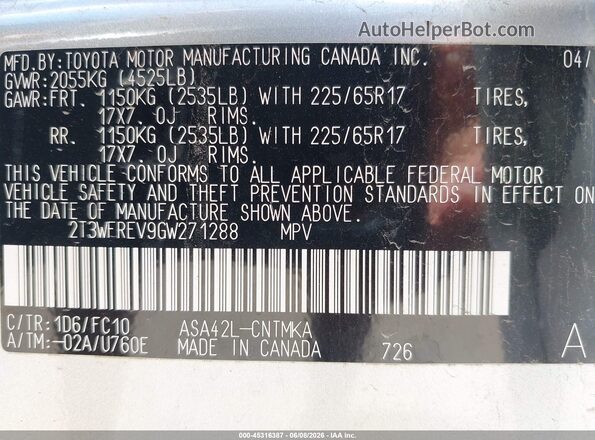 2T3WFREV9GW271288 2016 TOYOTA RAV4 Серебряный Вид подкапотного пространства