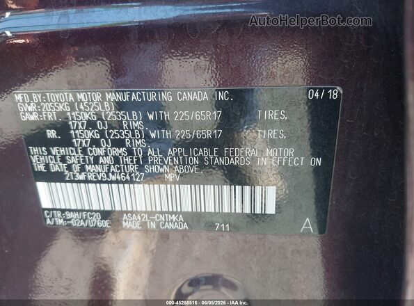 2T3WFREV9JW464127 2018 TOYOTA RAV4 Burgundy Vista del compartimento del motor