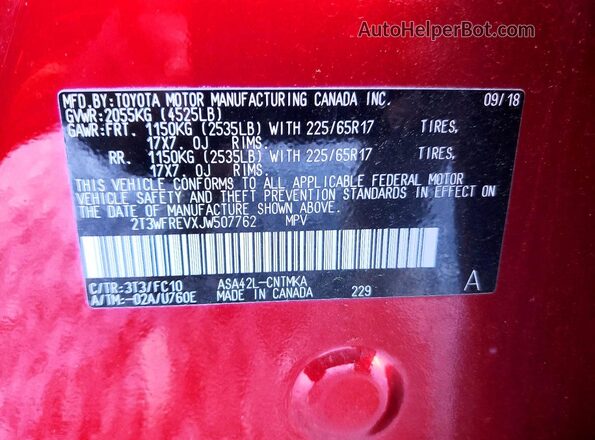 2T3WFREVXJW507762 2018 TOYOTA RAV4 Red Widok komory silnika