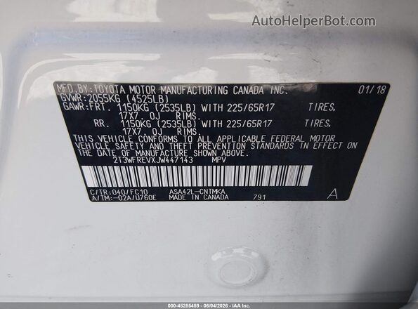 2T3WFREVXJW447143 2018 TOYOTA RAV4 White Vista del compartimento del motor