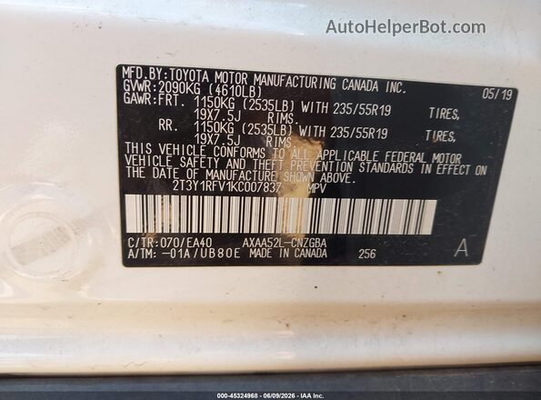 2T3Y1RFV1KC007837 2019 TOYOTA RAV4 White ძრავის განყოფილების ხედი