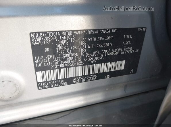 2T3Y1RFVXKW014025 2019 TOYOTA RAV4 Silver Vista del compartimento del motor