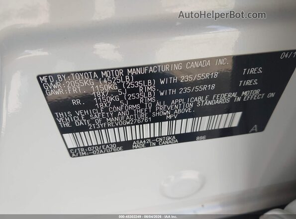 2T3YFREV0GW276761 2016 TOYOTA RAV4 White ძრავის განყოფილების ხედი