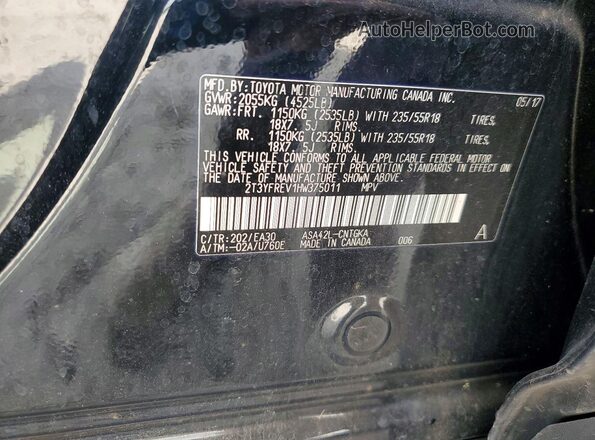 2T3YFREV1HW375011 2017 TOYOTA RAV4 Black VIN կոդի պիտակի տեսք