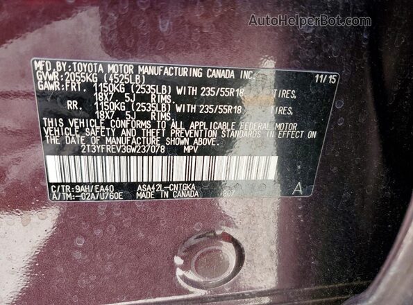 2T3YFREV3GW237078 2016 TOYOTA RAV4 Purple 360 interior view