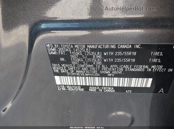 2T3YFREV8JW444394 2018 TOYOTA RAV4 Gray Շարժիչի բաժամունքի տեսք