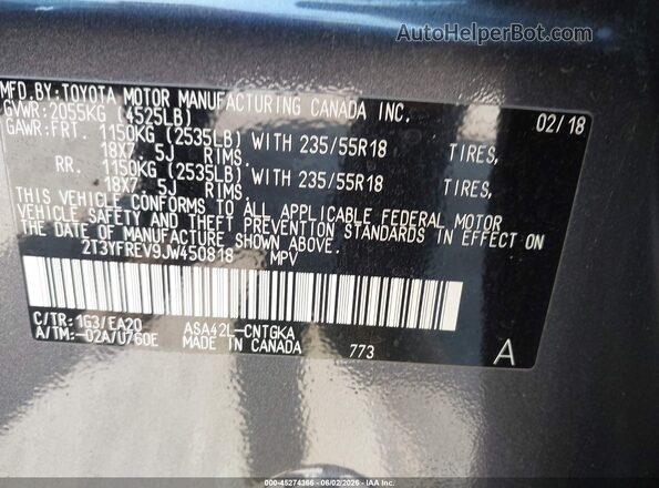 2T3YFREV9JW450818 2018 TOYOTA RAV4 Gray Շարժիչի բաժամունքի տեսք