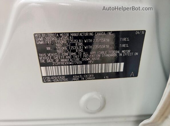 2T3YFREVXGW277609 2016 TOYOTA RAV4 White Widok komory silnika