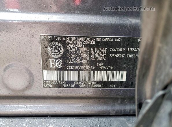 2T3Z1RFV1MC154831 2021 TOYOTA RAV4 Gray Вид наклейки з VIN-кодом