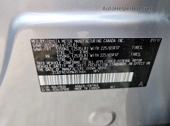 2T3ZFREV0HW351464 2017 TOYOTA RAV4 Gray VIN sticker view