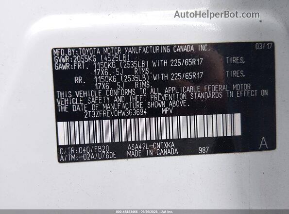 2T3ZFREV0HW363694 2017 TOYOTA RAV4 White Vista del compartimento del motor