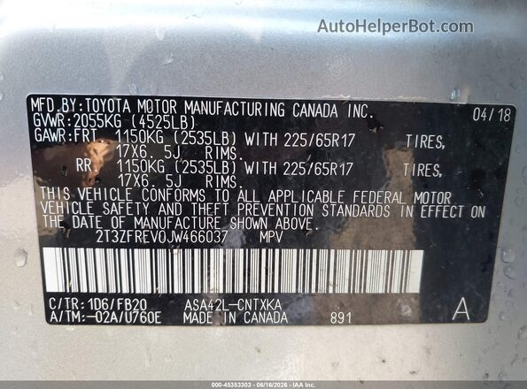 2T3ZFREV0JW466037 2018 TOYOTA RAV4 Silver Vista del compartimento del motor