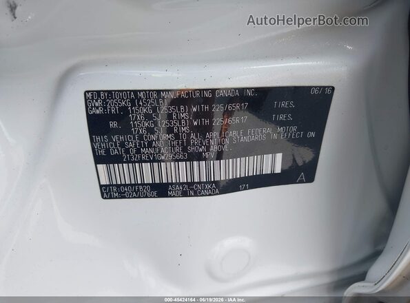 2T3ZFREV1GW295663 2016 TOYOTA RAV4 White Շարժիչի բաժամունքի տեսք