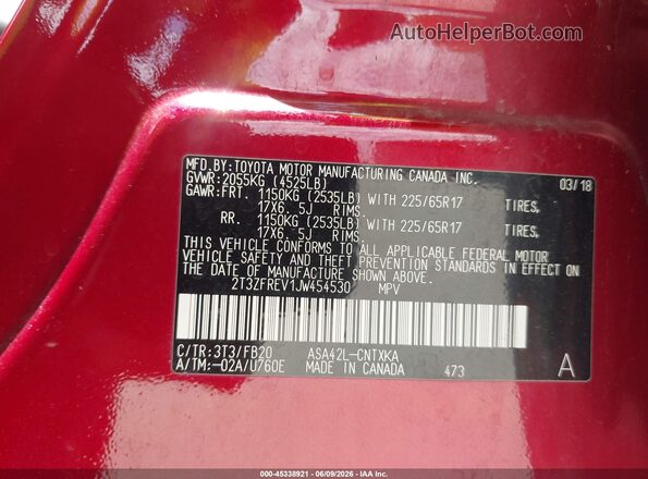 2T3ZFREV1JW454530 2018 TOYOTA RAV4 Red Vista del compartimento del motor