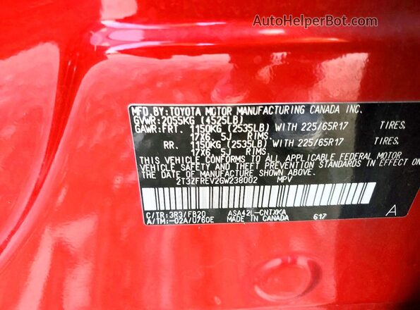 2T3ZFREV2GW238002 2016 TOYOTA RAV4 Red VIN կոդի պիտակի տեսք