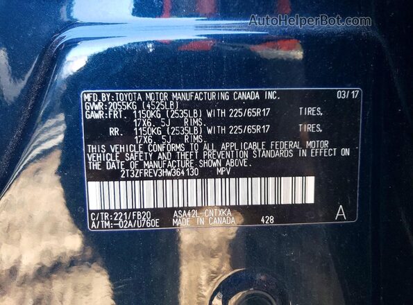 2T3ZFREV3HW364130 2017 TOYOTA RAV4 Blue VIN կոդի պիտակի տեսք