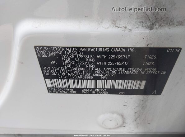 2T3ZFREV3JW438989 2018 TOYOTA RAV4 White 