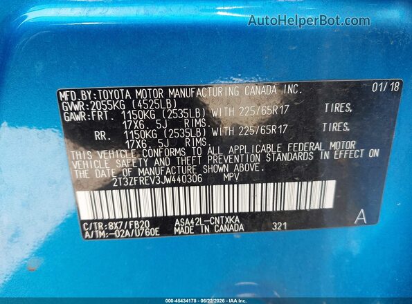2T3ZFREV3JW440306 2018 TOYOTA RAV4 Blue Engine compartment view