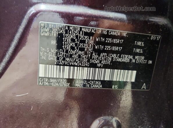 2T3ZFREV4HW343240 2017 TOYOTA RAV4 Purple VIN կոդի պիտակի տեսք