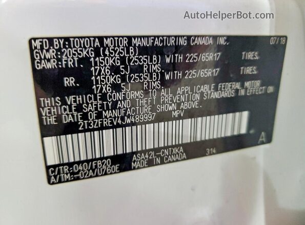 2T3ZFREV4JW489997 2018 TOYOTA RAV White VIN sticker view