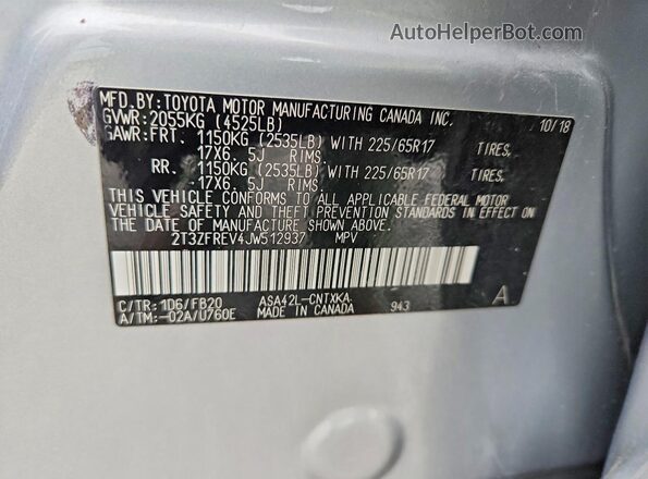 2T3ZFREV4JW512937 2018 TOYOTA RAV4 Silver 
