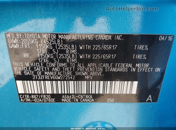 2T3ZFREV6GW272542 2016 TOYOTA RAV4 Blue Вид підкапотного простору