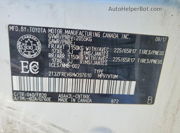 2T3ZFREV6HW397610 2017 TOYOTA RAV4 Белый Панорамный вид салона 360°