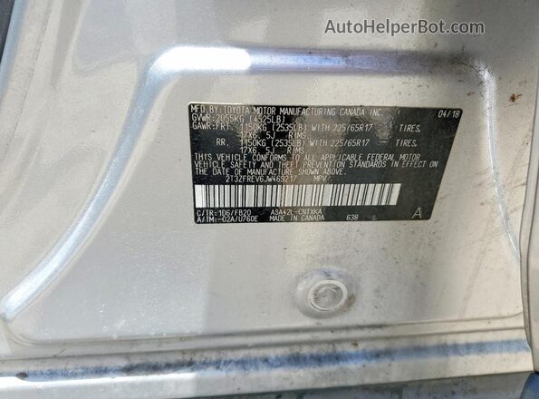 2T3ZFREV6JW469217 2018 TOYOTA RAV4 Silver VIN კოდის სტიკერის ხედი