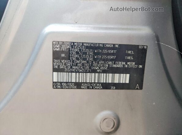 2T3ZFREV7GW257371 2016 TOYOTA RAV4 Silver Widok naklejki z numerem VIN