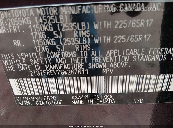 2T3ZFREV7GW267611 2016 TOYOTA RAV4 Purple Շարժիչի բաժամունքի տեսք