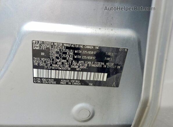 2T3ZFREV7GW300798 2016 TOYOTA RAV4 Silver VIN կոդի պիտակի տեսք