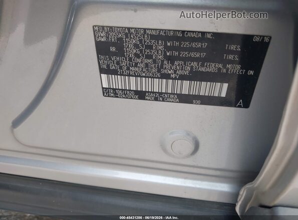 2T3ZFREV7GW306326 2016 TOYOTA RAV4 Silver 