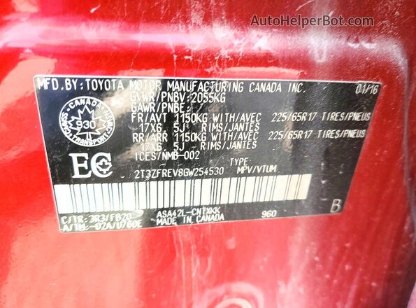 2T3ZFREV8GW254530 2016 TOYOTA RAV4 Красный Вид наклейки с VIN-кодом
