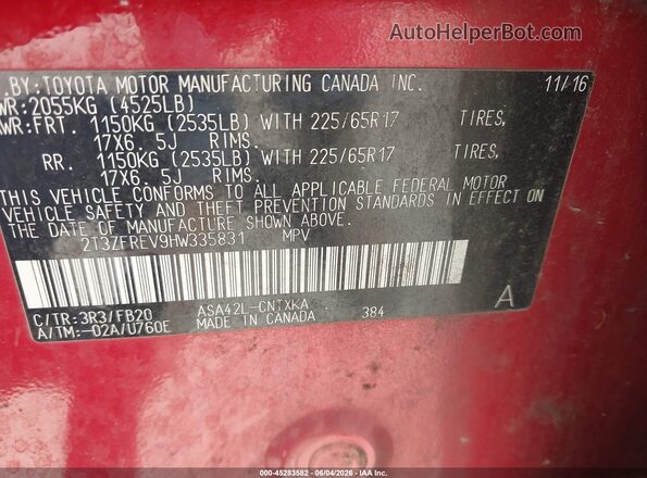 2T3ZFREV9HW335831 2017 TOYOTA RAV4 Burgundy Engine compartment view