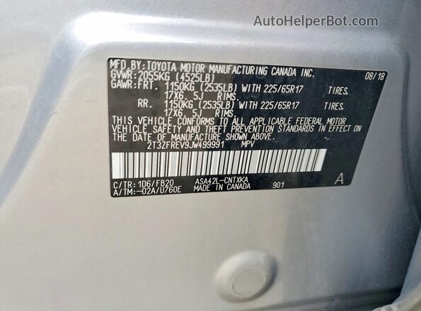 2T3ZFREV9JW499991 2018 TOYOTA RAV4 Серебряный Вид наклейки с VIN-кодом