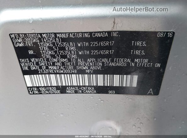 2T3ZFREVXGW309348 2016 TOYOTA RAV4 Silver Vista del compartimento del motor