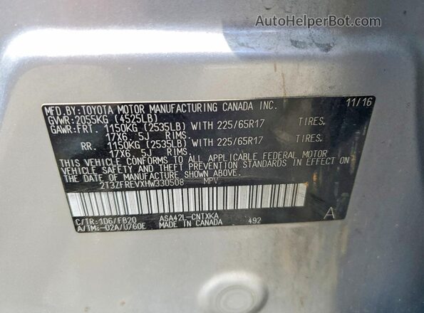 2T3ZFREVXHW330508 2017 TOYOTA RAV4 Silver 