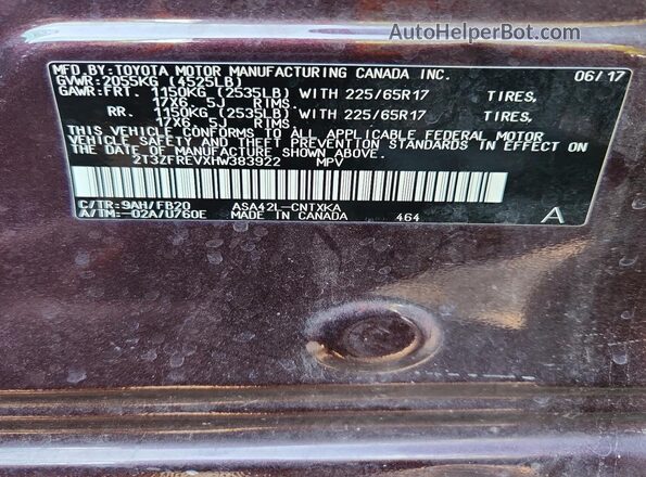 2T3ZFREVXHW383922 2017 TOYOTA RAV4 Burgundy VIN sticker view