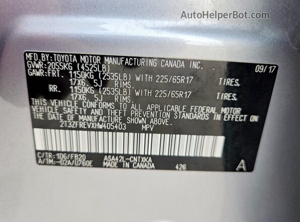 2T3ZFREVXHW405403 2017 TOYOTA RAV4 Silver Vista del compartimento del motor