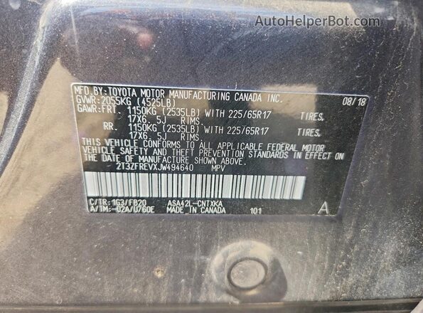 2T3ZFREVXJW494640 2018 TOYOTA RAV4 Gray VIN sticker view